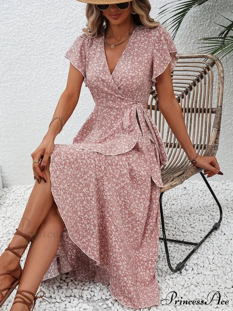 Floral Print Surplice Neck Tied Dress with Flutter Sleeves M / Pink