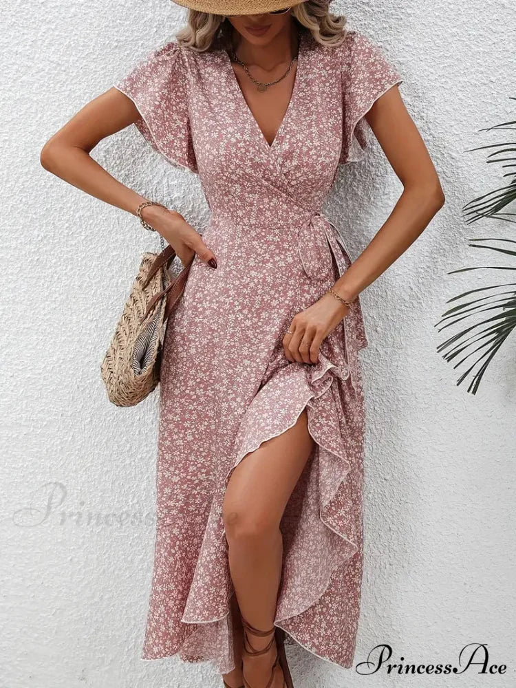 Floral Print Surplice Neck Tied Dress with Flutter Sleeves M / Red