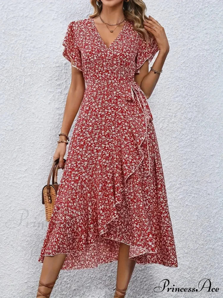 Floral Print Surplice Neck Tied Dress with Flutter Sleeves S / Blue