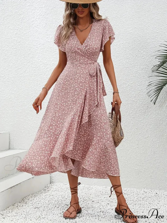 Floral Print Surplice Neck Tied Dress with Flutter Sleeves S / Pink