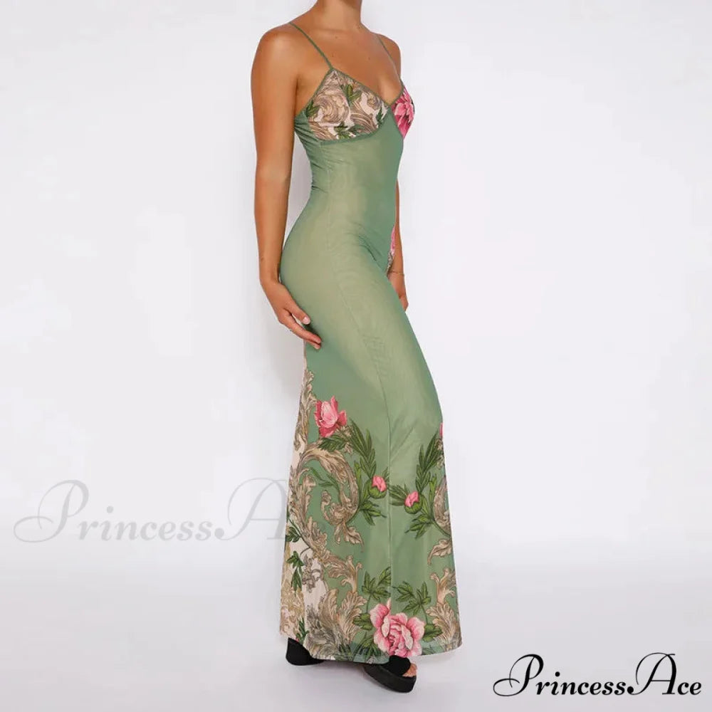 Floral Print Suspender V-neck Maxi 2024 Chic Female Beach Party Club Bodycon Dress