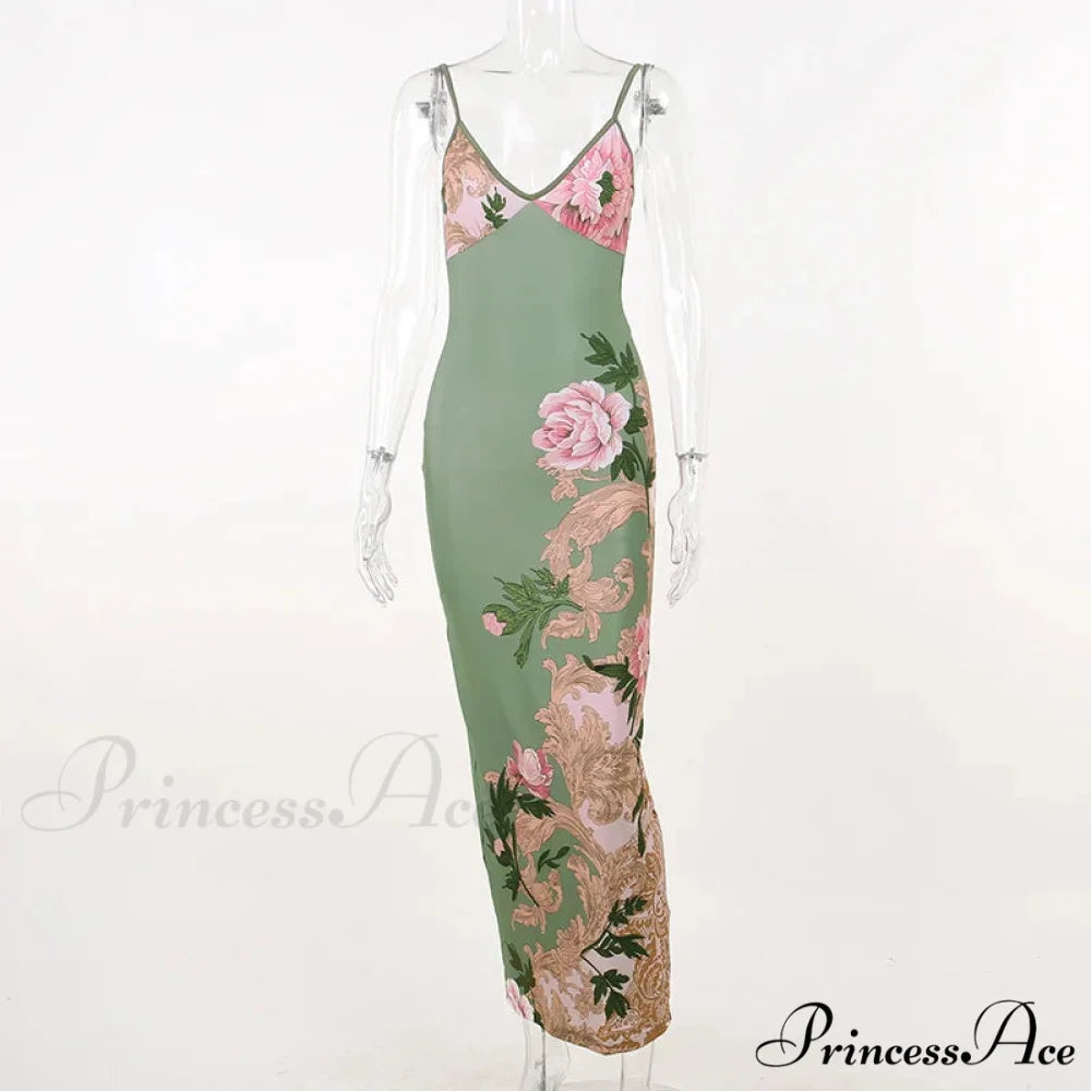 Floral Print Suspender V-neck Maxi 2024 Chic Female Beach Party Club Bodycon Dress Green / S