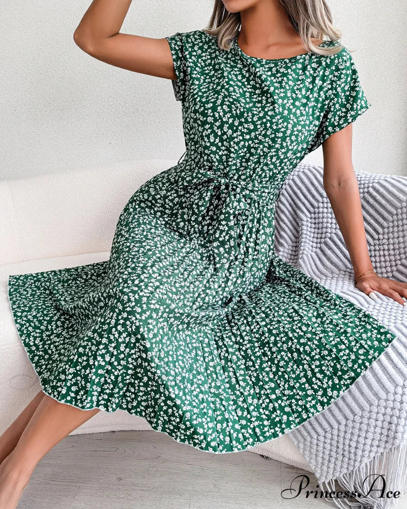 Floral Print Tie Dress - Short Sleeve