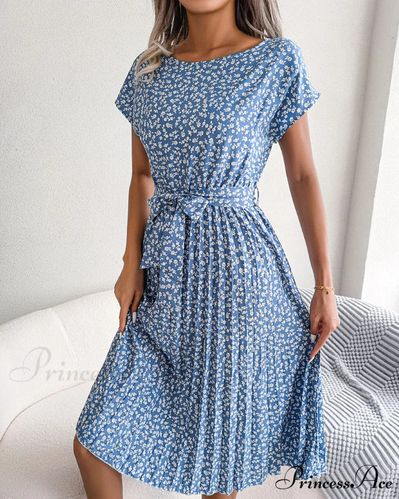 Floral Print Tie Dress - Short Sleeve
