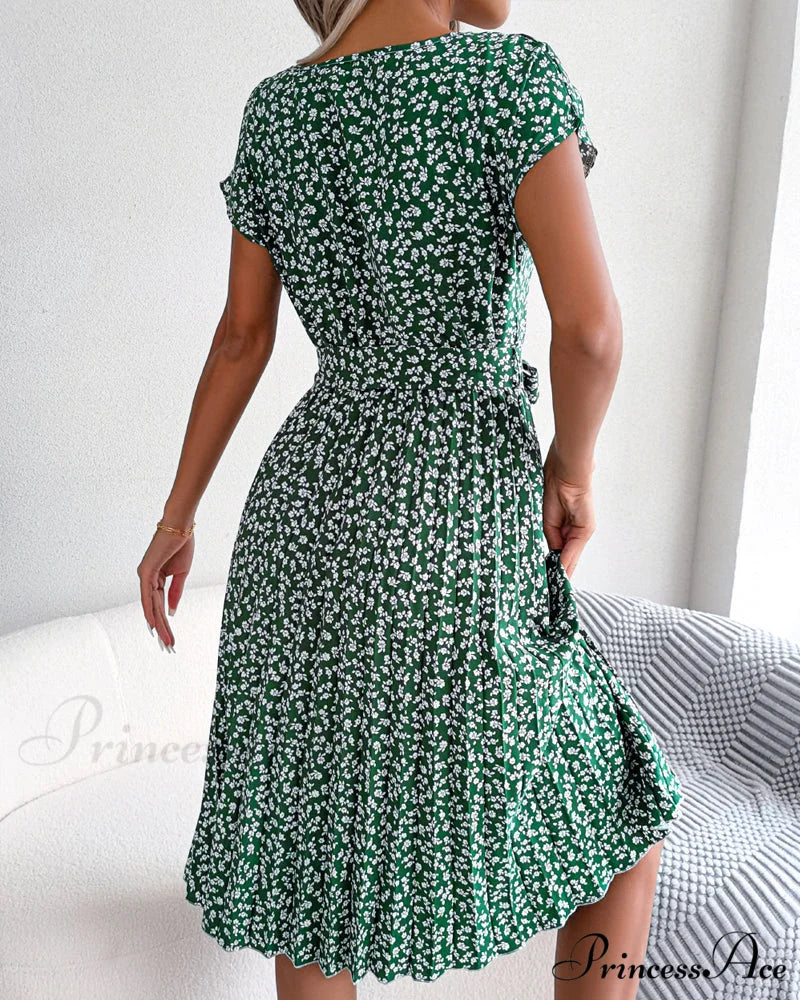Floral Print Tie Dress - Short Sleeve