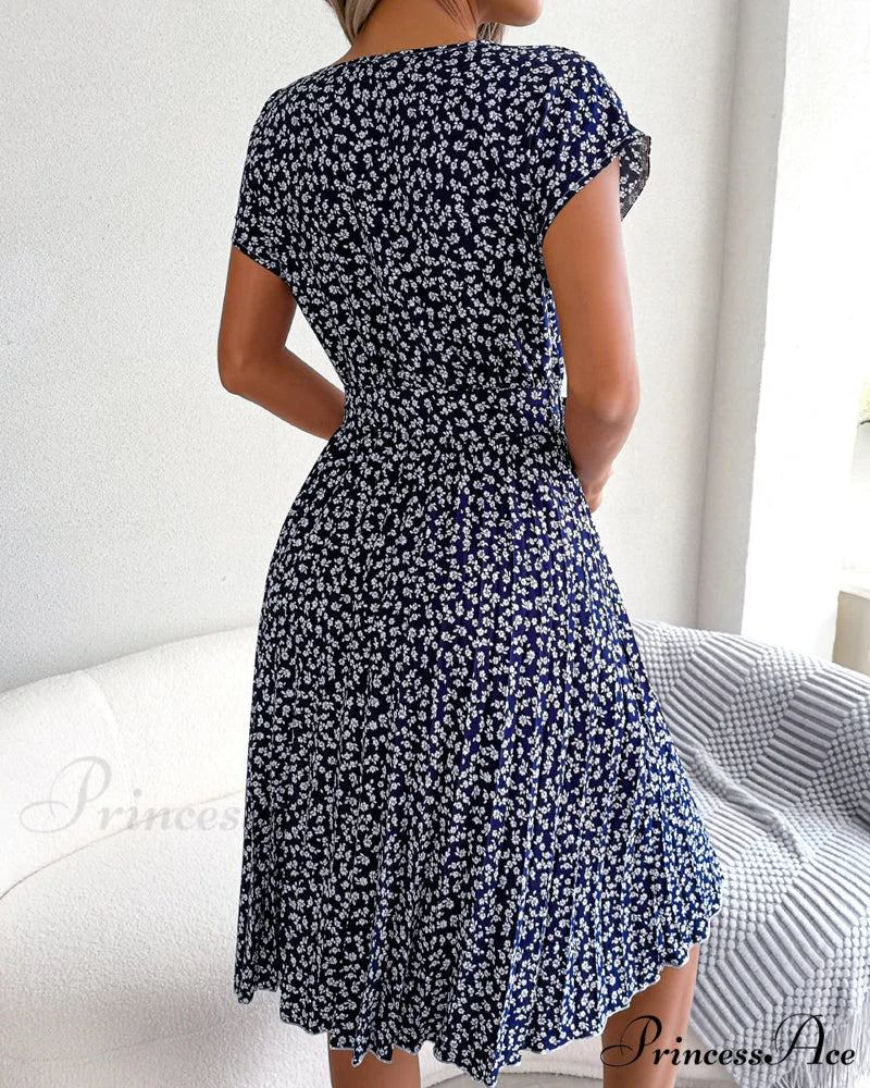 Floral Print Tie Dress - Short Sleeve