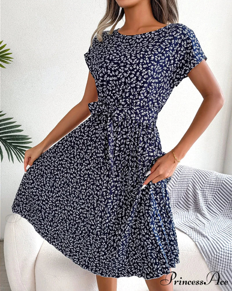 Floral Print Tie Dress - Short Sleeve