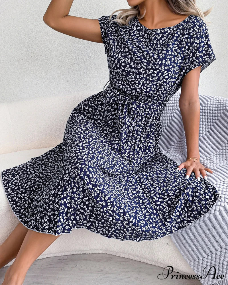 Floral Print Tie Dress - Short Sleeve