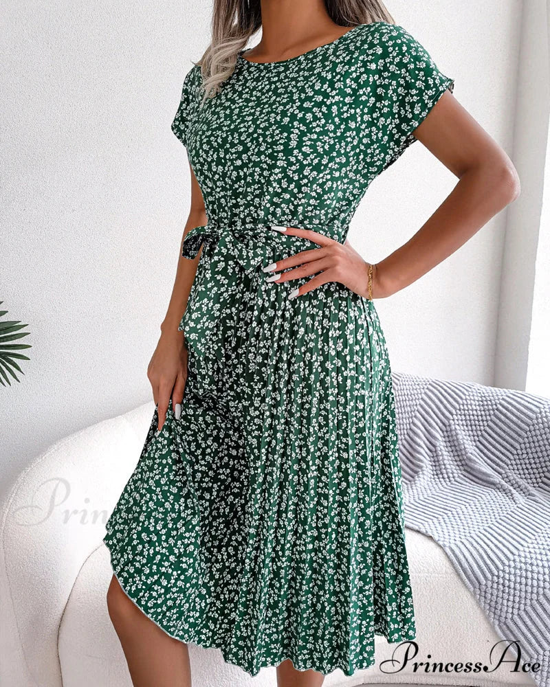 Floral Print Tie Dress - Short Sleeve