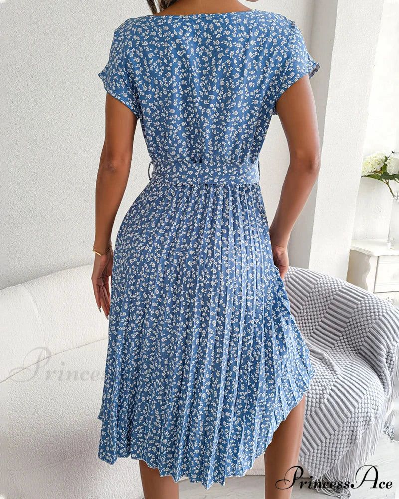 Floral Print Tie Dress - Short Sleeve