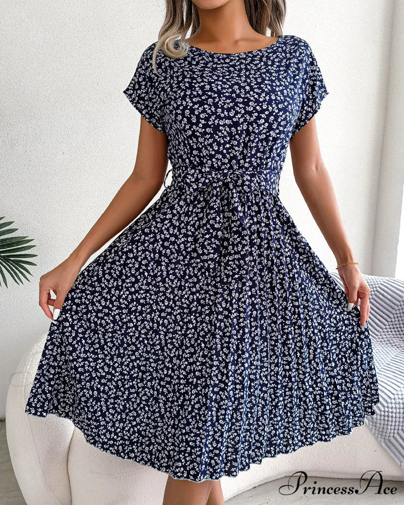 Floral Print Tie Dress - Short Sleeve Dark blue / S