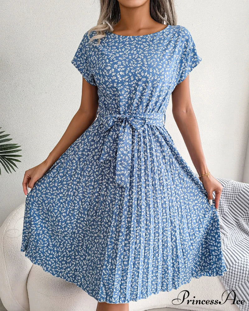 Floral Print Tie Dress - Short Sleeve Sky blue / S