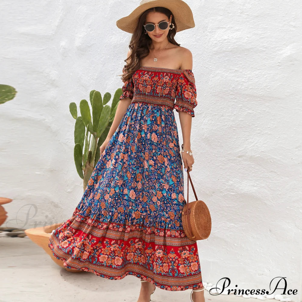 Floral Print Tie Waist Modern Strapless Mini Length Dress S / Blue