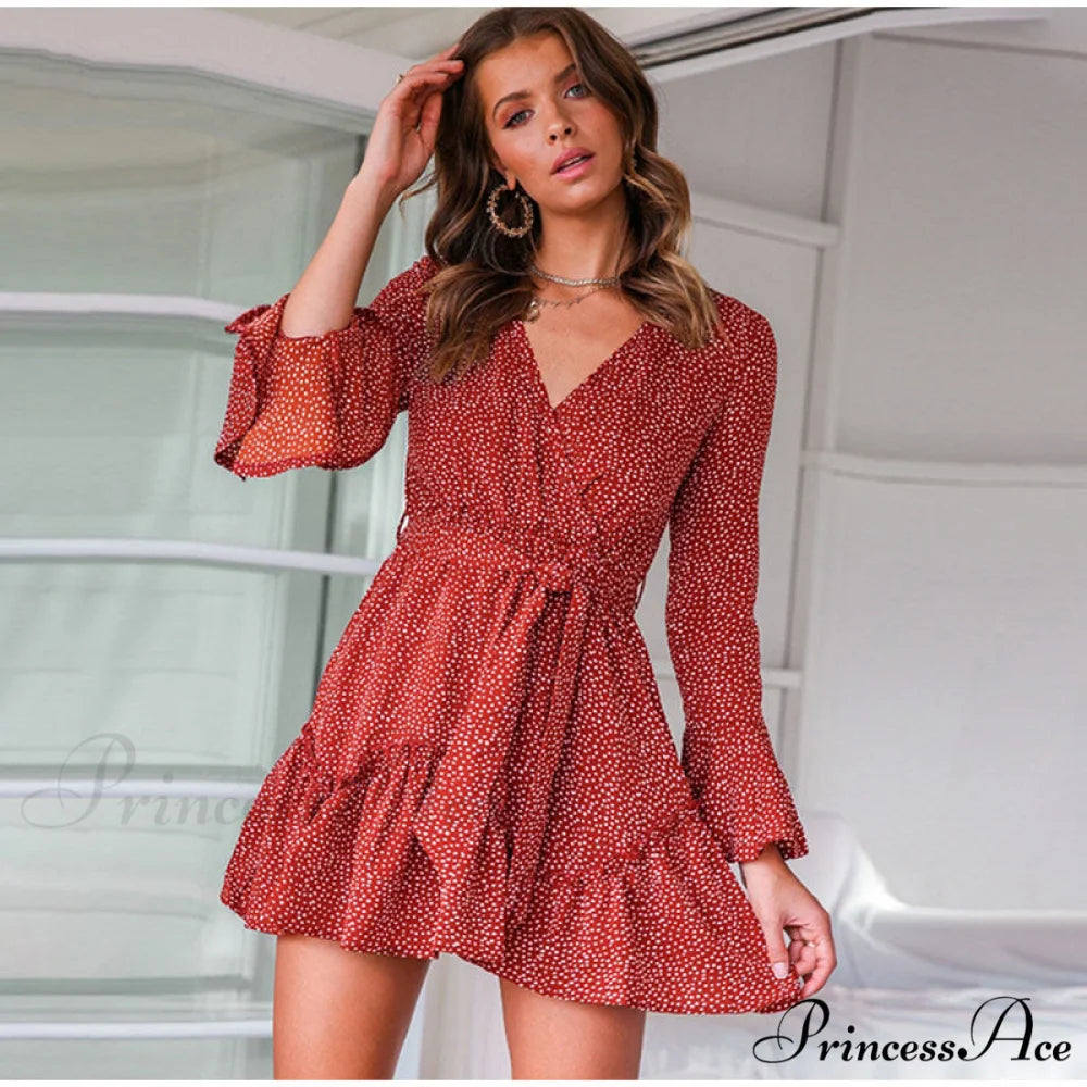 Floral Print V-Neck Belt Mini Dress with Ruffle Flared Long Sleeves L / BLACK