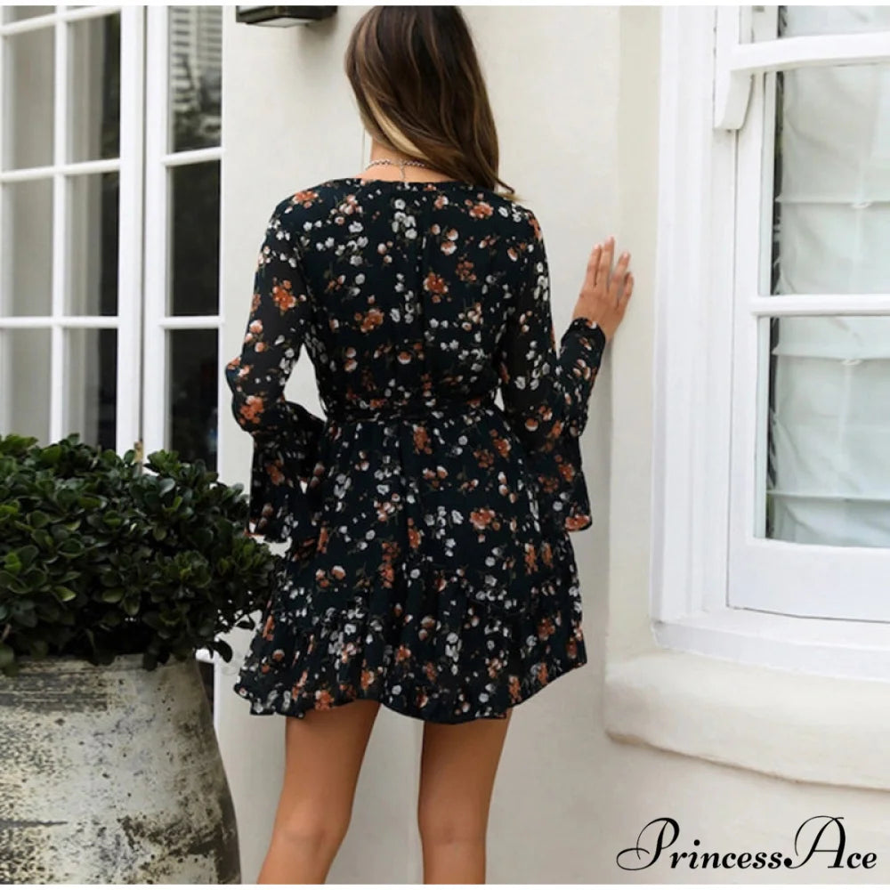 Floral Print V-Neck Belt Mini Dress with Ruffle Flared Long Sleeves M / BURGUNDY