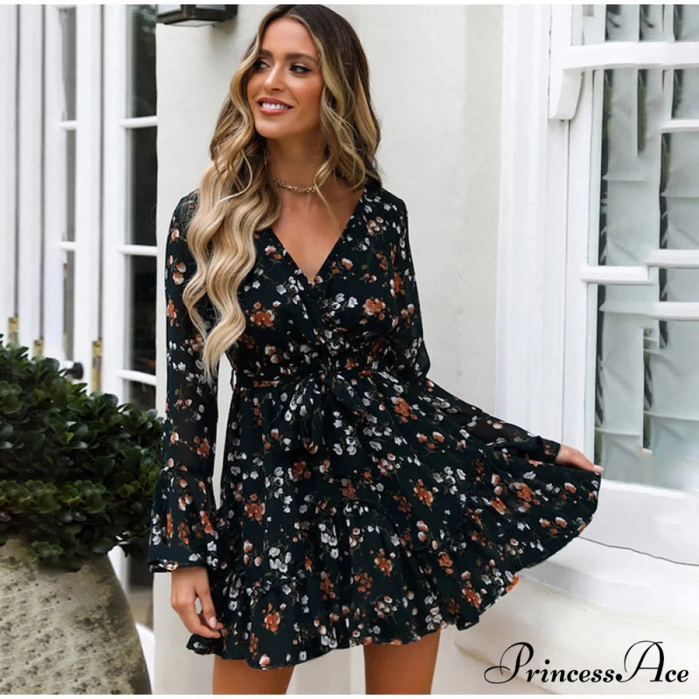 Floral Print V-Neck Belt Mini Dress with Ruffle Flared Long Sleeves S / BURGUNDY