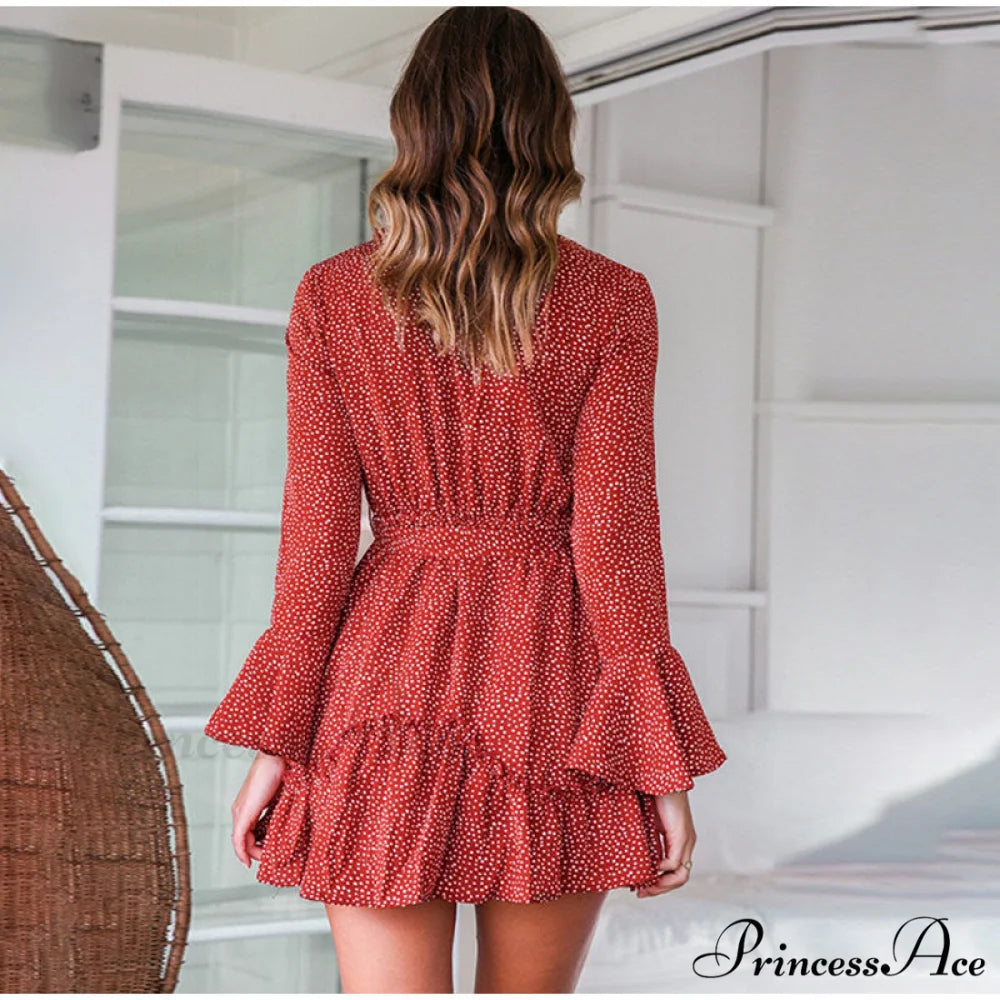 Floral Print V-Neck Belt Mini Dress with Ruffle Flared Long Sleeves XL / BLACK
