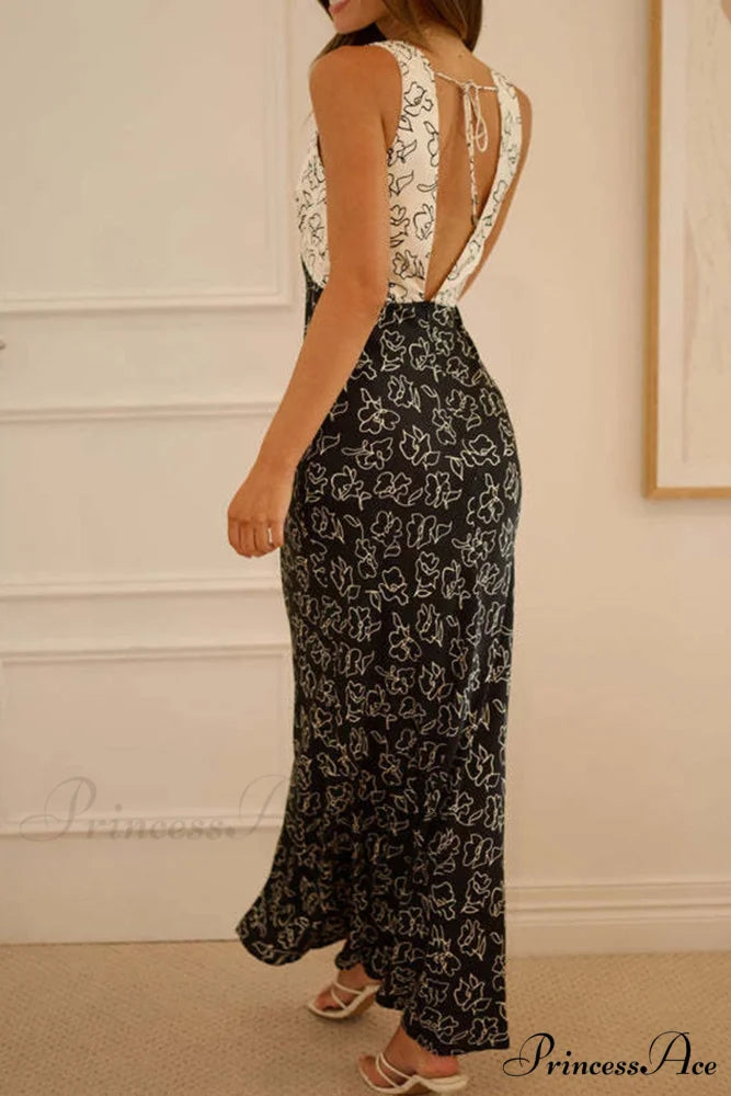 Floral Print V Neck Dress with Contrast Detail and Tie-back Black / 2XL