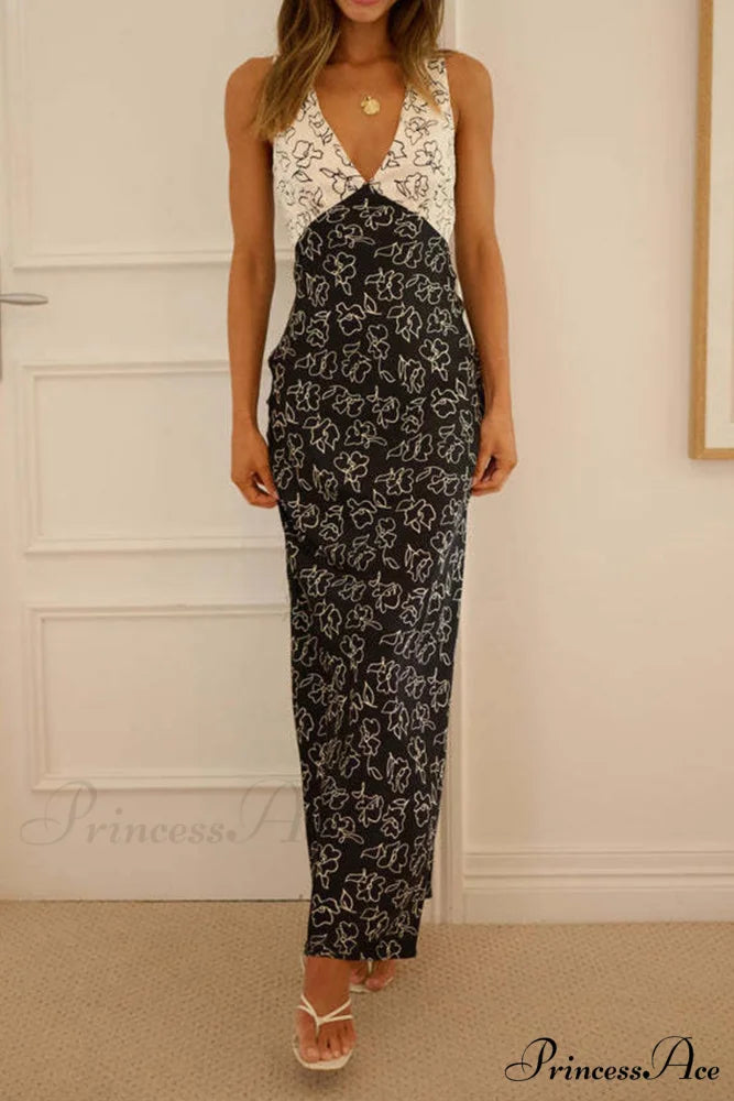 Floral Print V Neck Dress with Contrast Detail and Tie-back Black / M