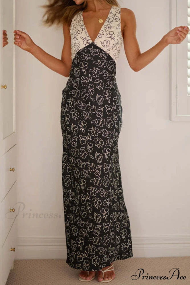 Floral Print V Neck Dress with Contrast Detail and Tie-back Black / S