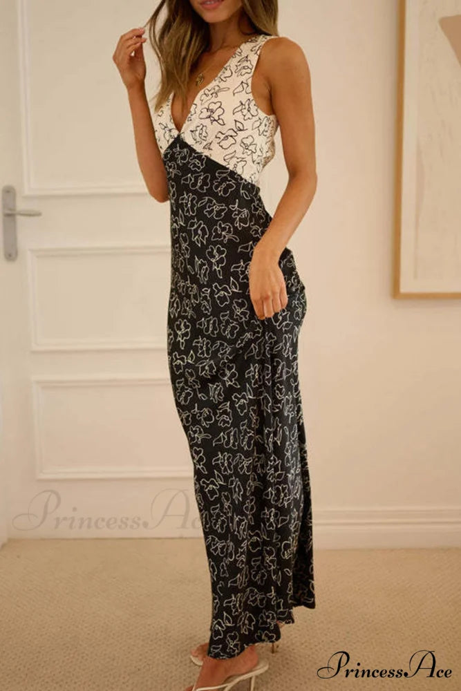 Floral Print V Neck Dress with Contrast Detail and Tie-back Black / XL