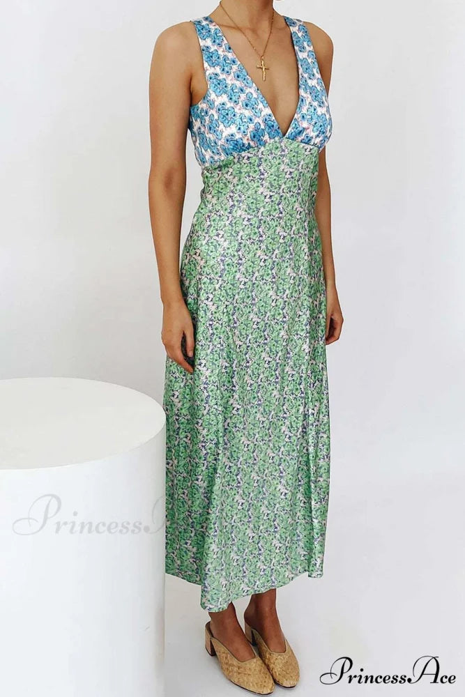 Floral Print V Neck Dress with Contrast Detail and Tie-back Blue Green / L