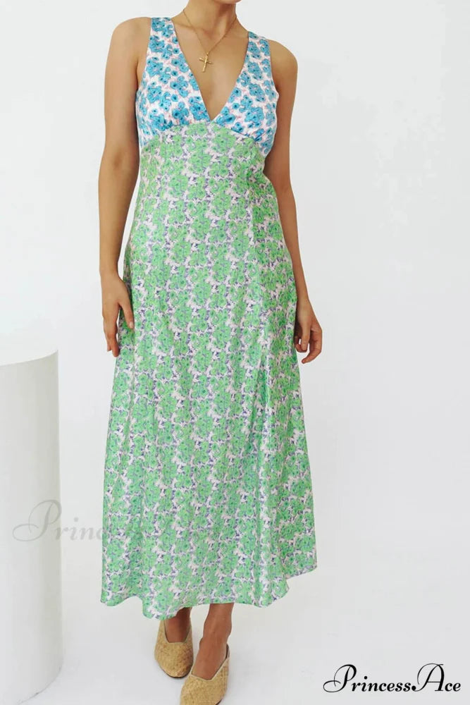 Floral Print V Neck Dress with Contrast Detail and Tie-back Blue Green / M