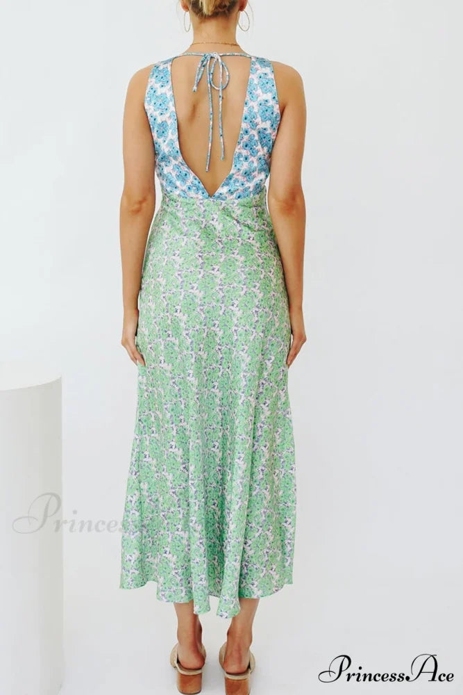 Floral Print V Neck Dress with Contrast Detail and Tie-back Blue Green / XL
