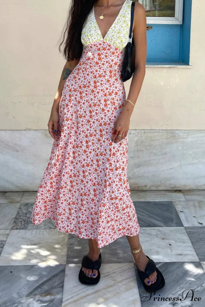 Floral Print V Neck Dress with Contrast Detail and Tie-back Pink / 2XL