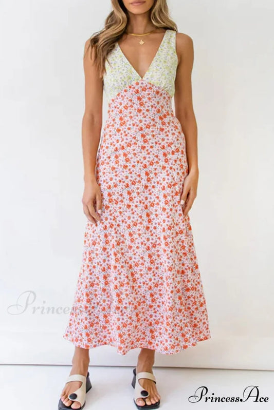 Floral Print V Neck Dress with Contrast Detail and Tie-back Pink / S