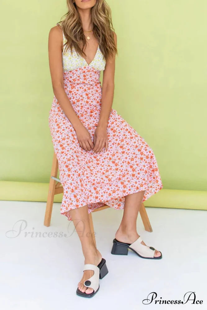 Floral Print V Neck Dress with Contrast Detail and Tie-back Pink / XL