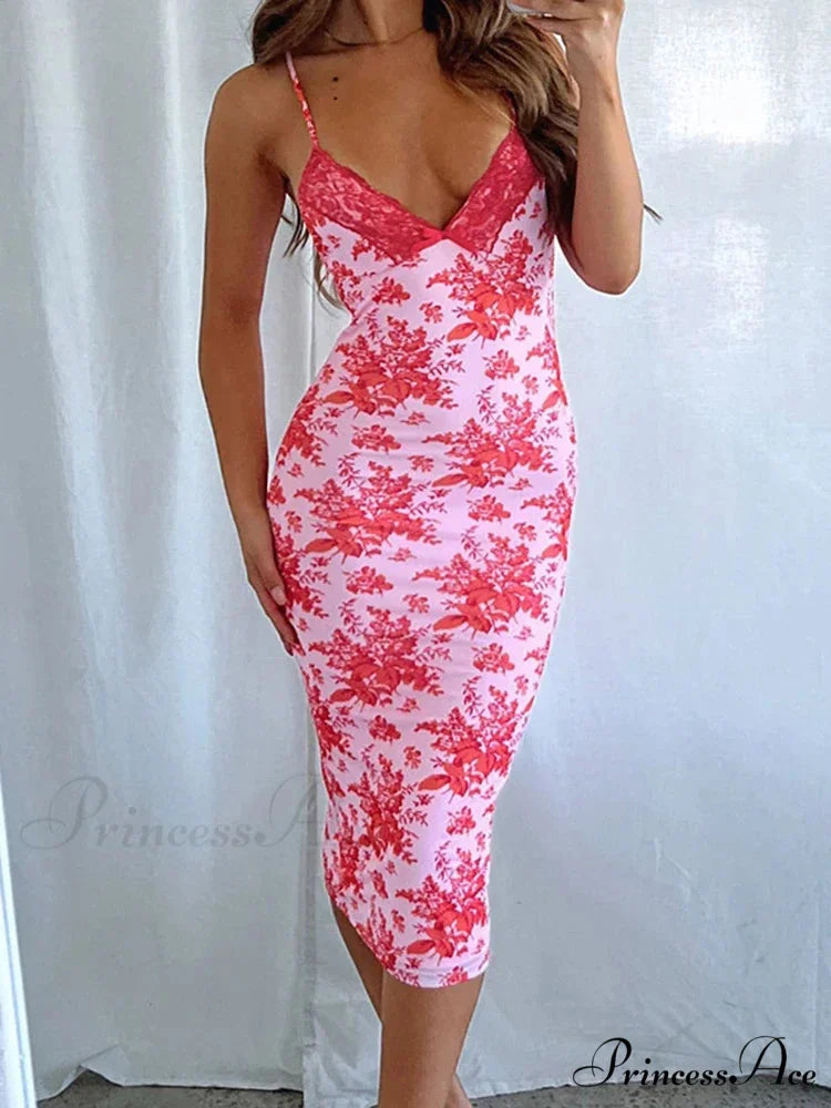 Floral Print V Neck Lace Slip for Women’s Club Party Sexy Backless Sunes Midi Dress Summer
