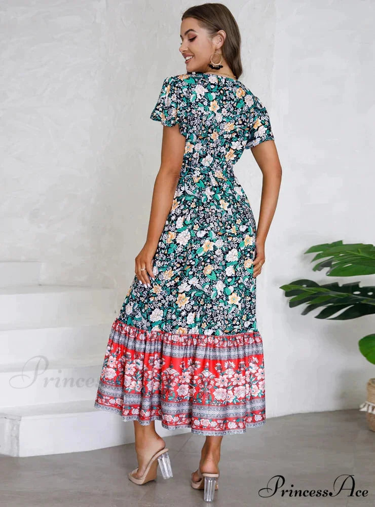 Floral Print V-Neck Lotus Leaf Sleeve Long Dress M / blue