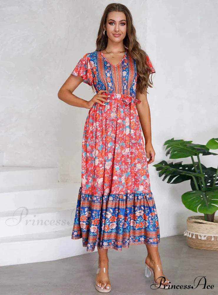 Floral Print V-Neck Lotus Leaf Sleeve Long Dress M / green