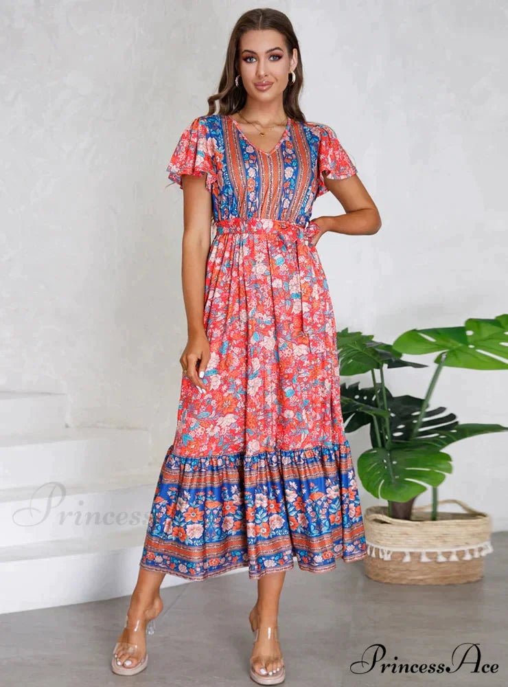 Floral Print V-Neck Lotus Leaf Sleeve Long Dress M / pink