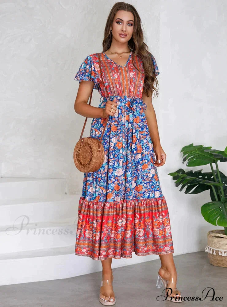 Floral Print V-Neck Lotus Leaf Sleeve Long Dress S / blue