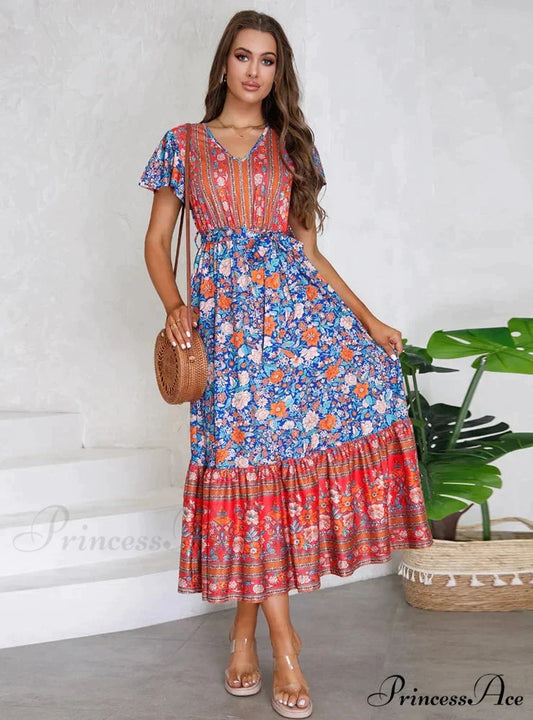 Floral Print V-Neck Lotus Leaf Sleeve Long Dress S / green