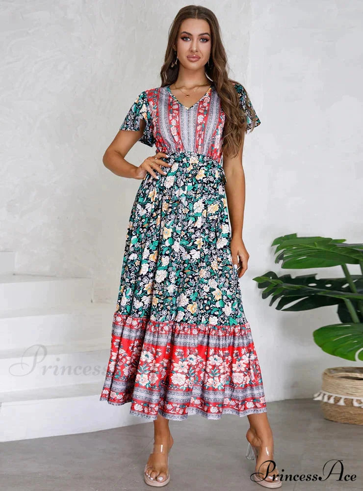Floral Print V-Neck Lotus Leaf Sleeve Long Dress S / pink