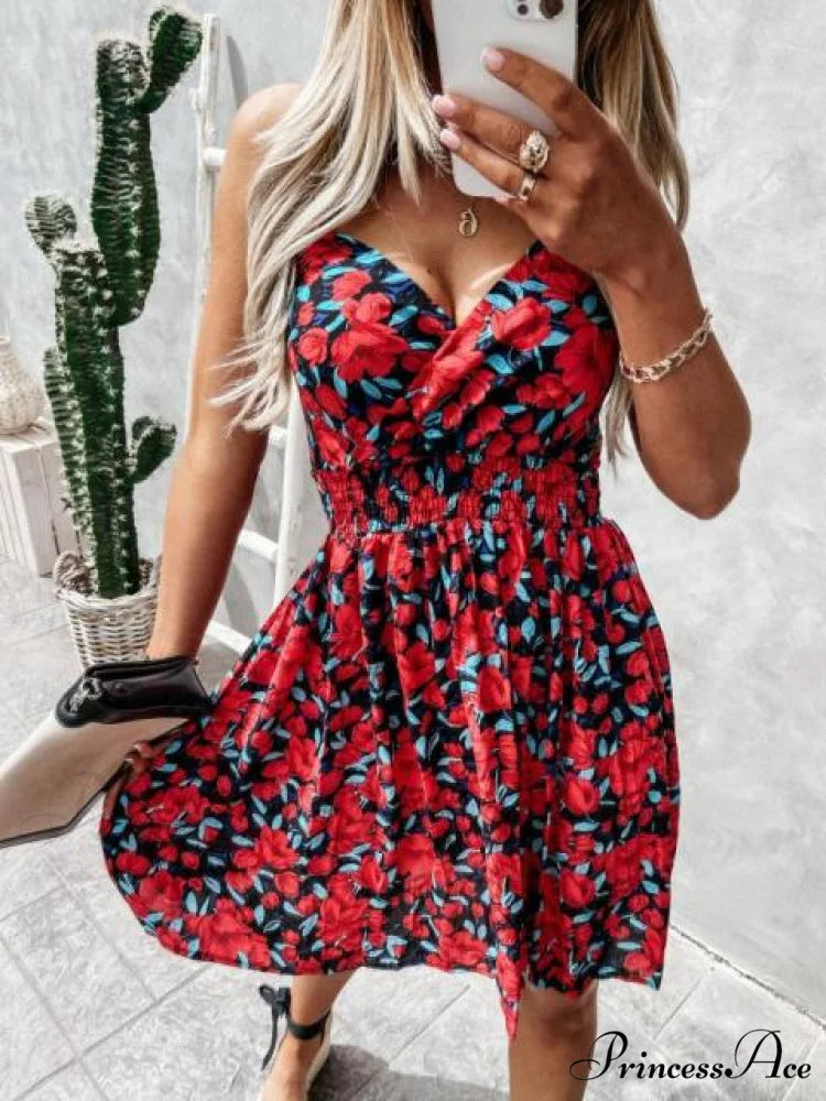 Floral Print Vintage Casual Dress red flower / XXL