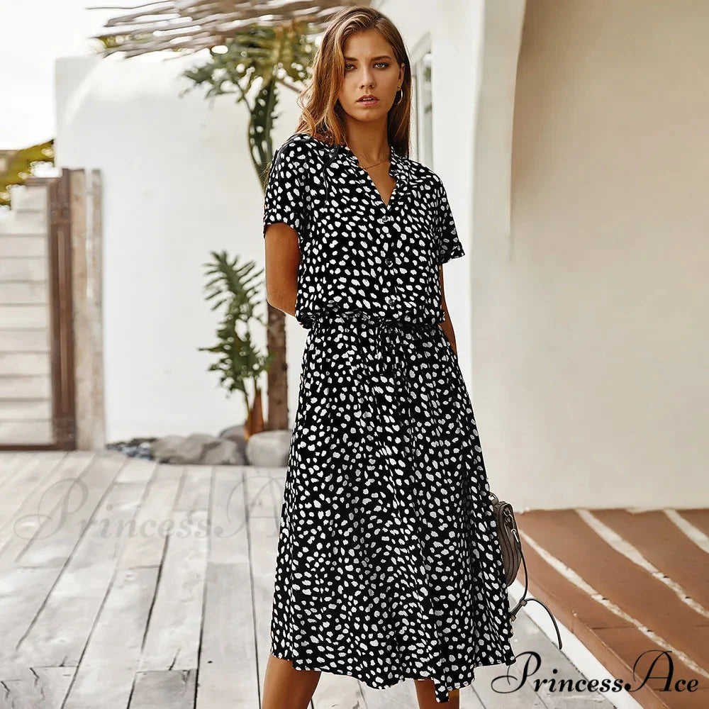 Floral Print Vintage Short Sleeve Boho Dress Black / S