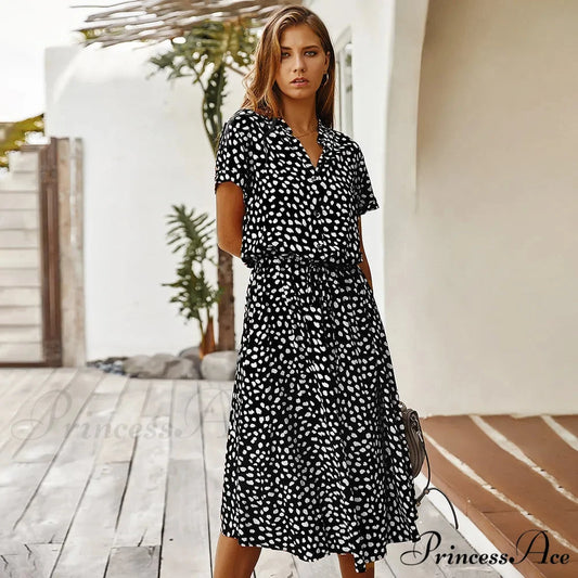 Floral Print Vintage Short Sleeve Boho Dress Black / S