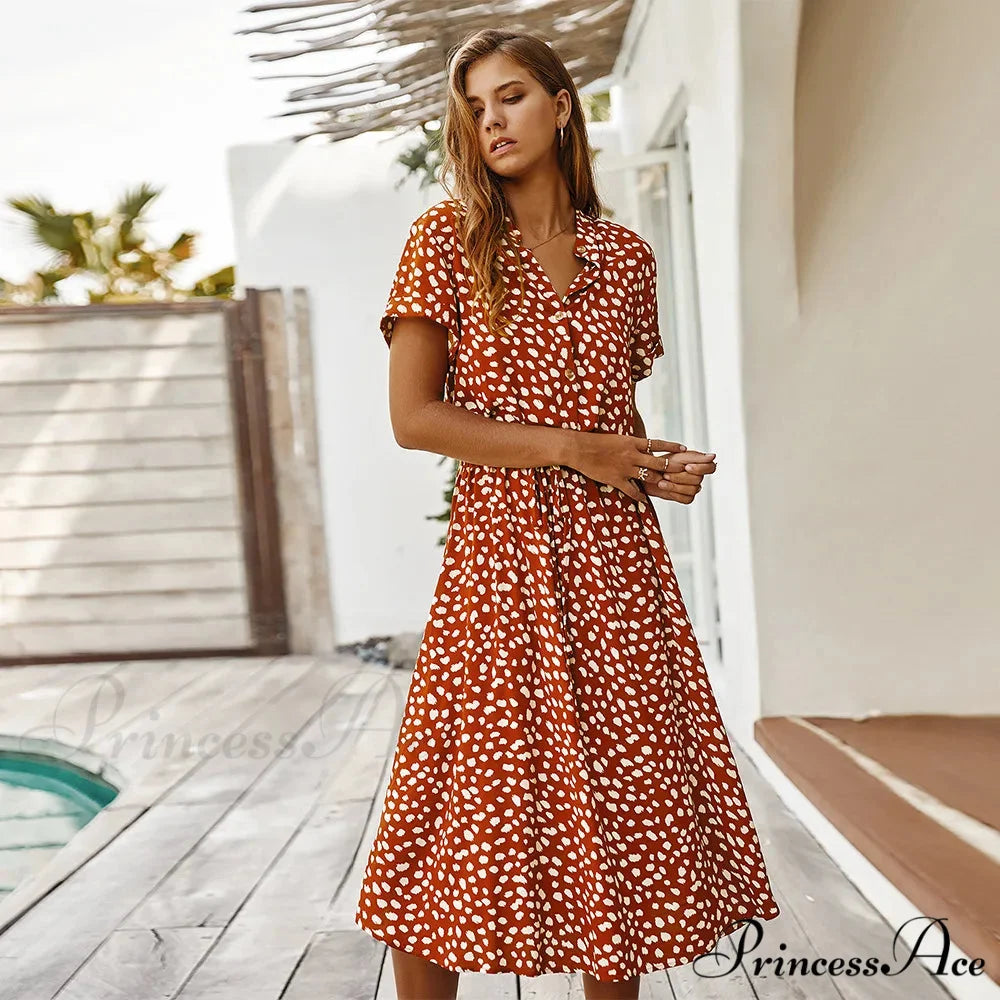 Floral Print Vintage Short Sleeve Boho Dress Orange / S