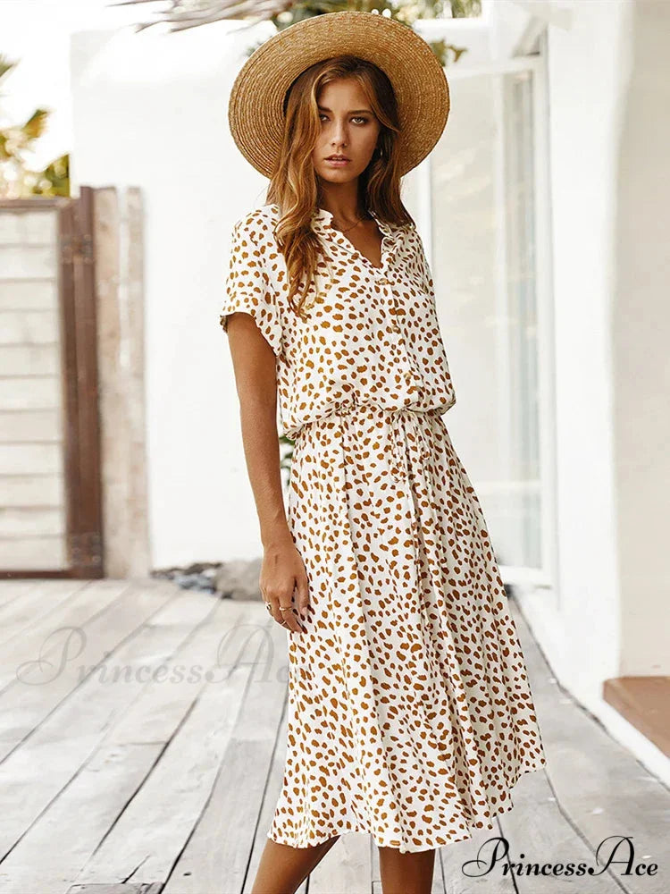 Floral Print Vintage Short Sleeve Boho Dress WHITE / S