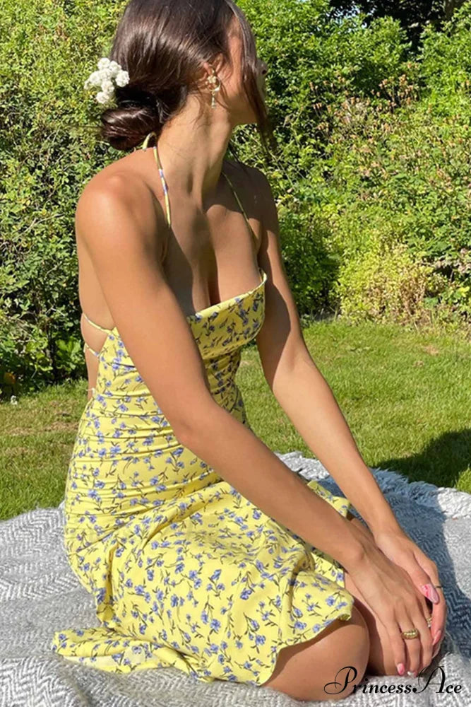 Floral Print Yellow Tie-back Slit Dress Yellow / S