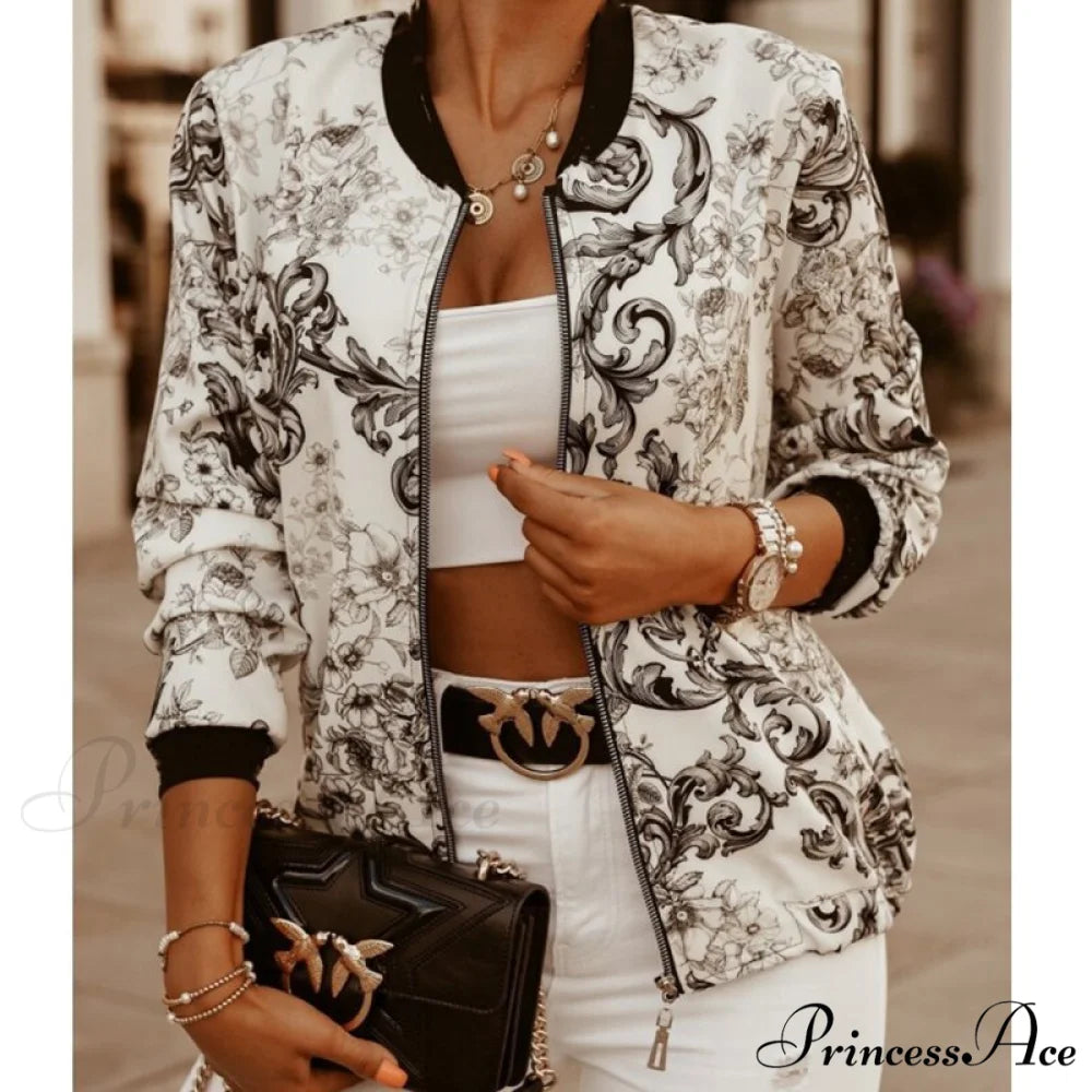 Floral Printed Elegant Zipper Bomber Coat