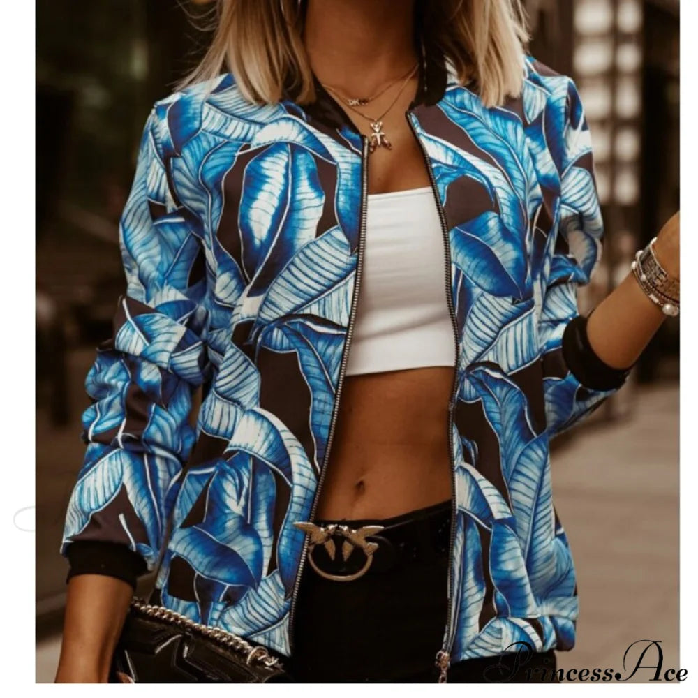 Floral Printed Elegant Zipper Bomber Coat