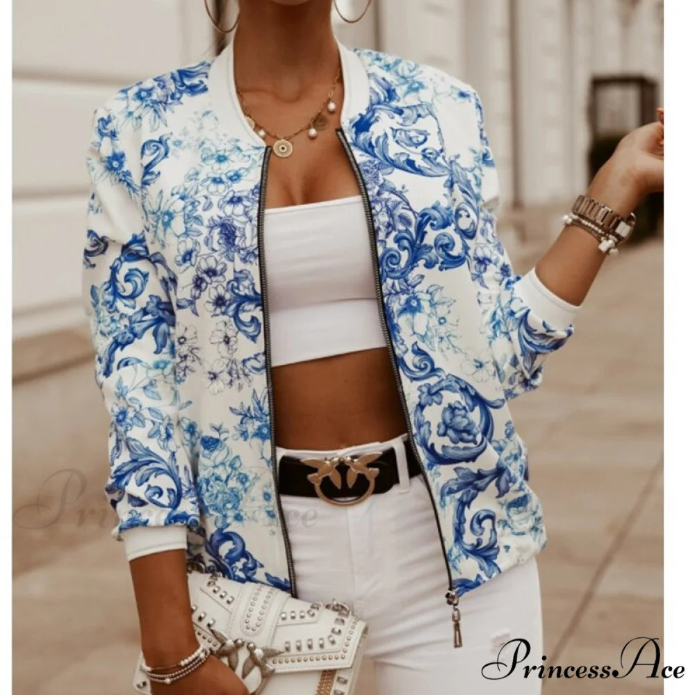 Floral Printed Elegant Zipper Bomber Coat