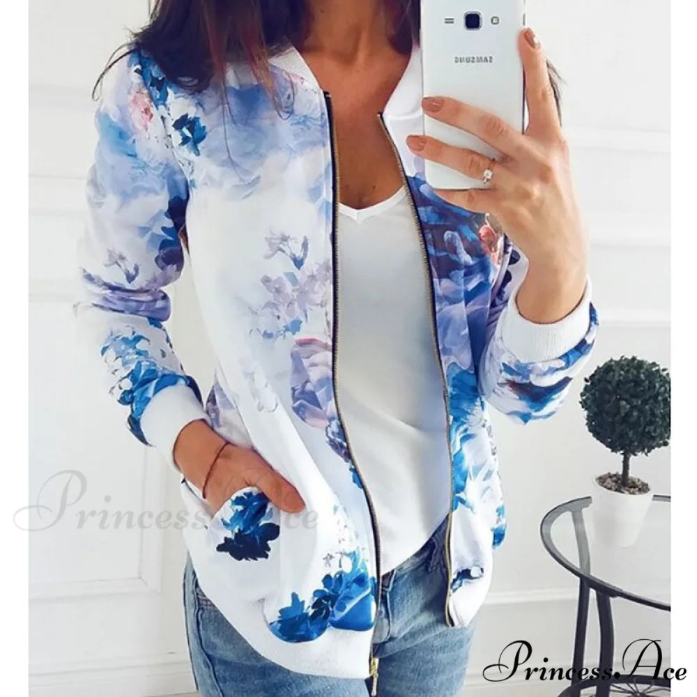 Floral Printed Elegant Zipper Bomber Coat