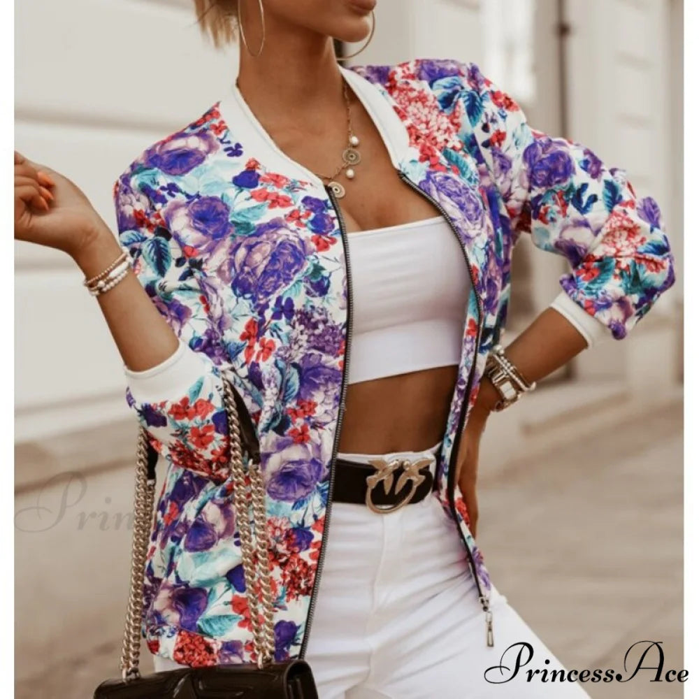 Floral Printed Elegant Zipper Bomber Coat