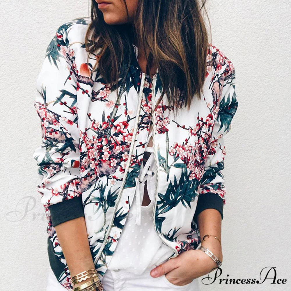 Floral Printed Elegant Zipper Bomber Coat
